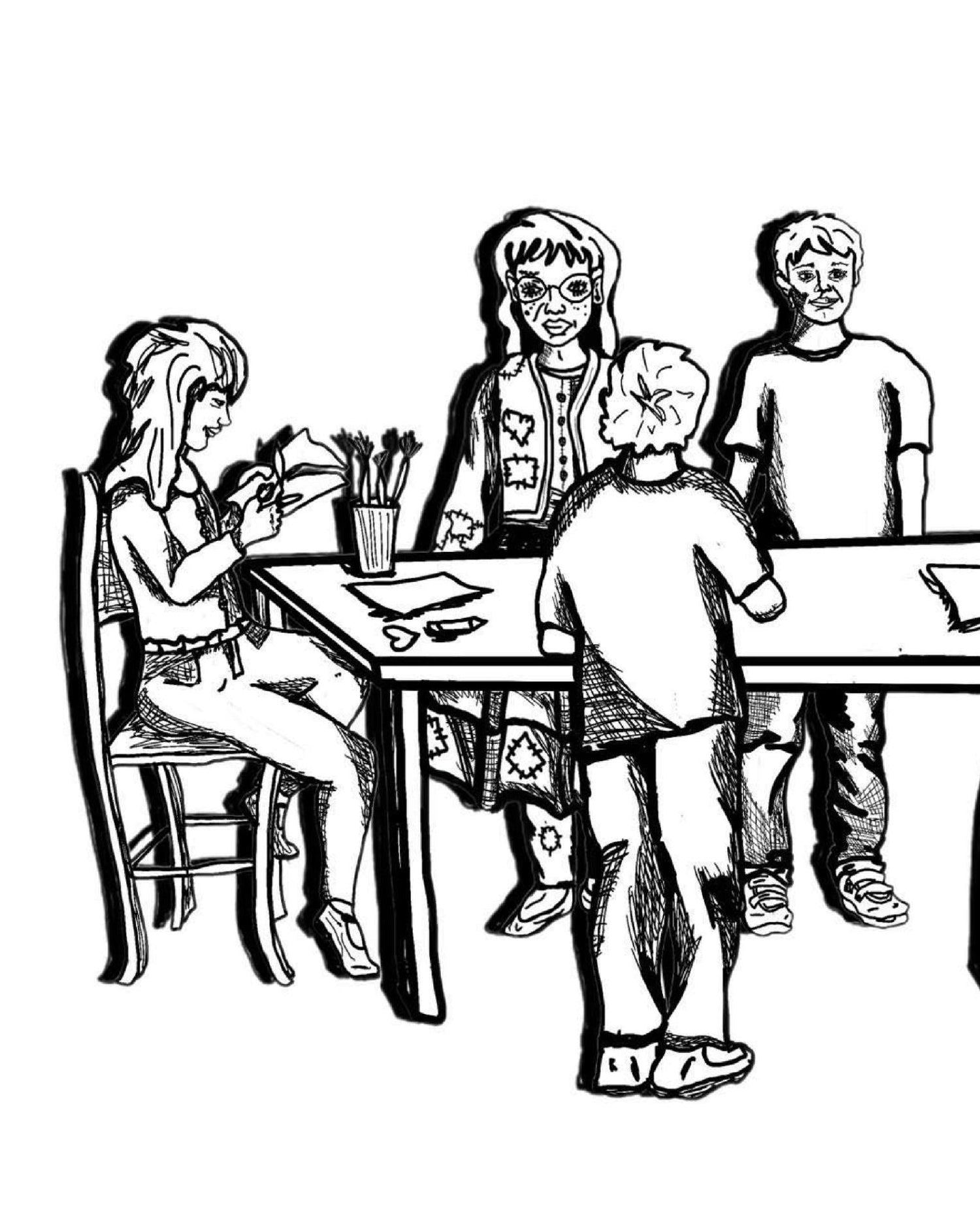 Drawing of children doing crafts